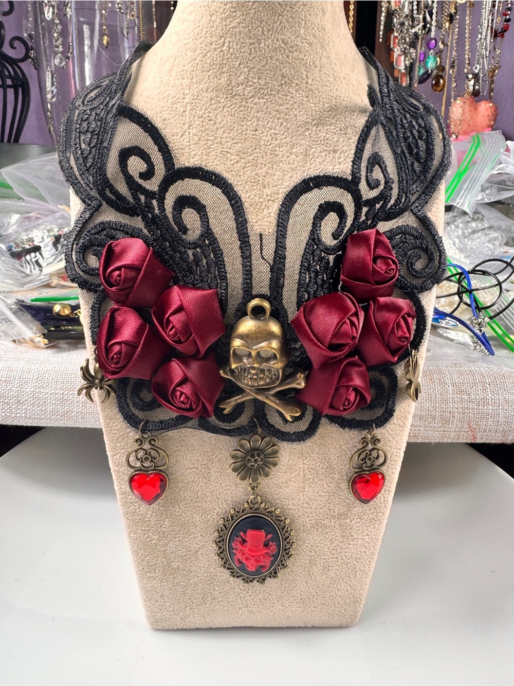 Gothic Rose Skull Statement Necklace in Wine Red